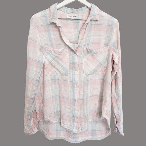 Bella Dahl Linen‎ Plaid Button Up Roll Tab Shirt Pink Blue Western Rodeo Size XS - Picture 1 of 7